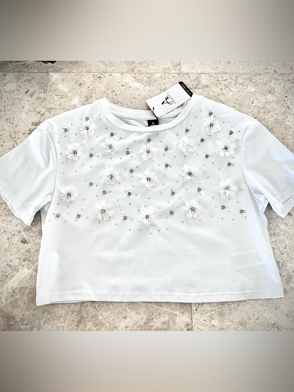 Beaded Floral Embellished White Crop Top